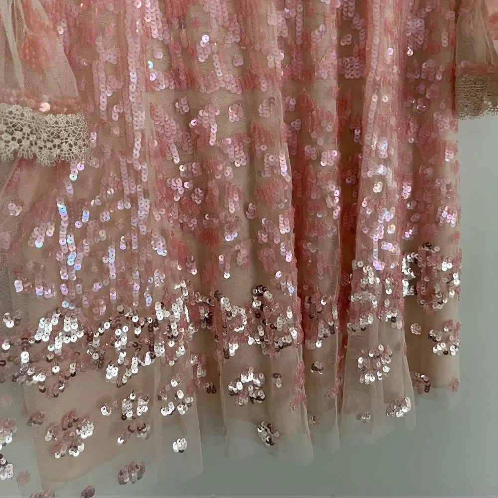 BHLDN Needle & Thread Pink Sequin Long Sleeve Dress, Size 0 NWOT